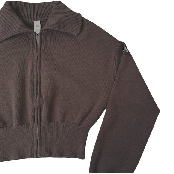 Alo Yoga Scholar Knit Cropped Zip Jacket Espresso Brown Ribbed Knit Sweater XS - Picture 3 of 9